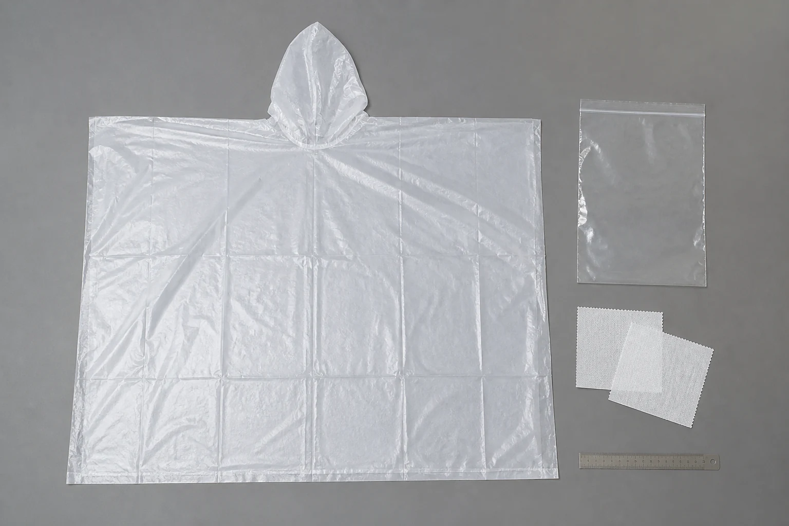 Complete translucent nonwoven rain poncho laid open beside blank sample materials