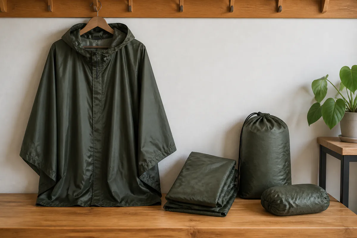 Olive nylon shell drying beside a loose fold storage pouch and compressed sample