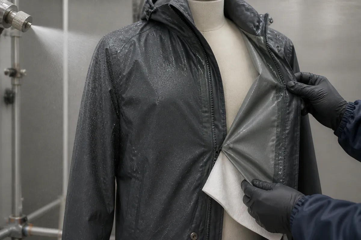 Controlled spray review of an unbranded nylon shell while a seam interface is inspected