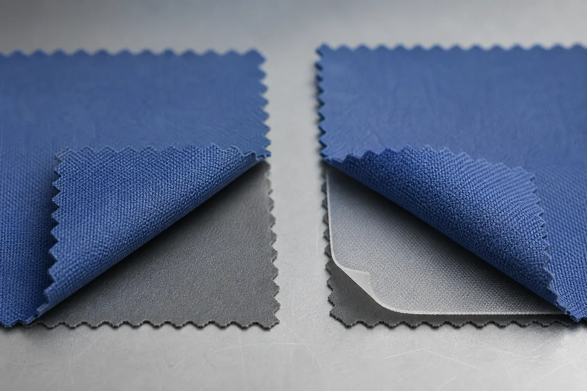 Cross-section style coated polyester and laminated textile samples prepared for barrier-system comparison