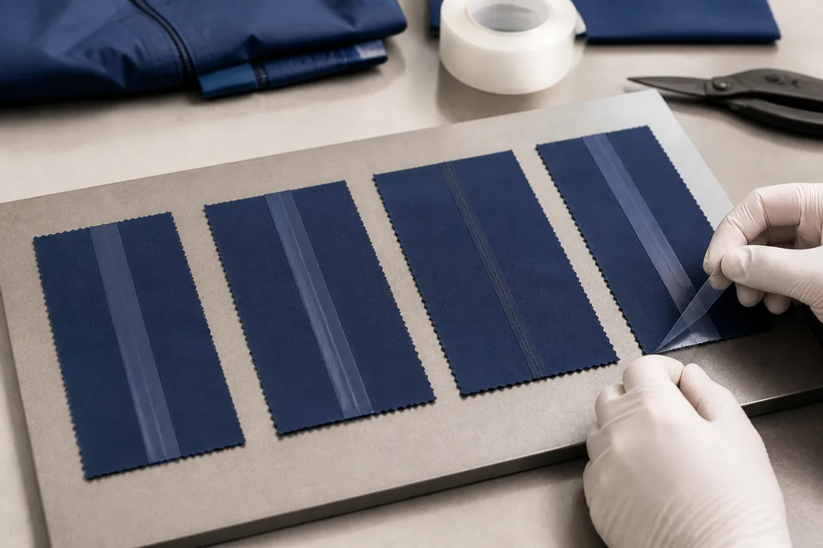 Coated polyester seam tape coupons curved hood seam and zipper flap trial prepared for inspection