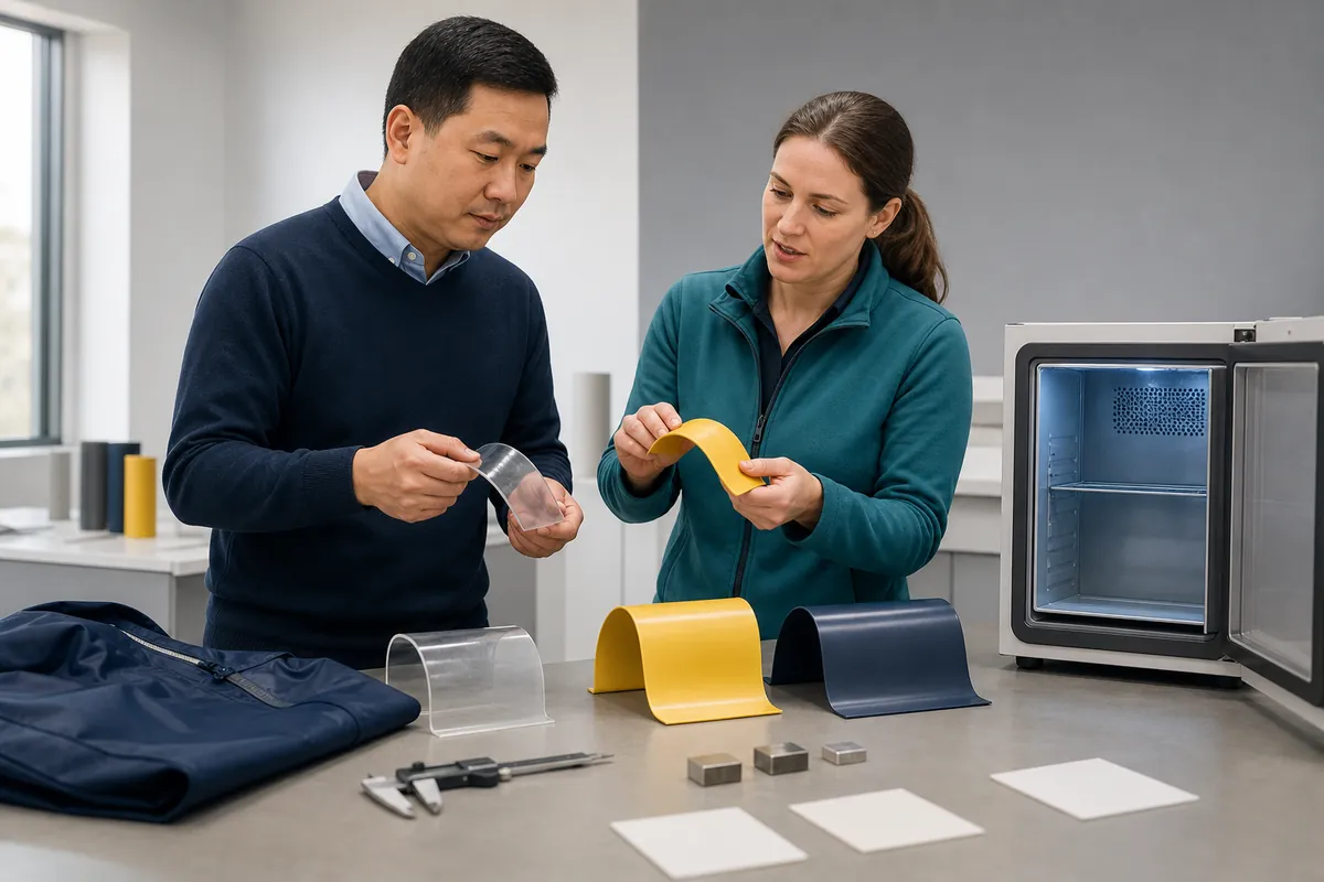 PVC film and coated-textile specimens arranged for thickness and cold-flex comparison