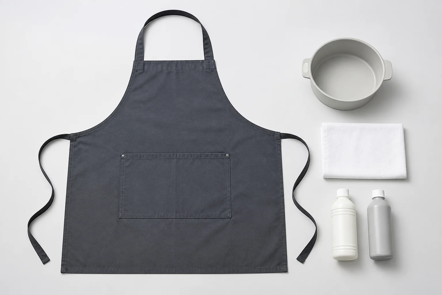 Complete charcoal apron beside neutral care tools for a cleaning-compatibility planning discussion.