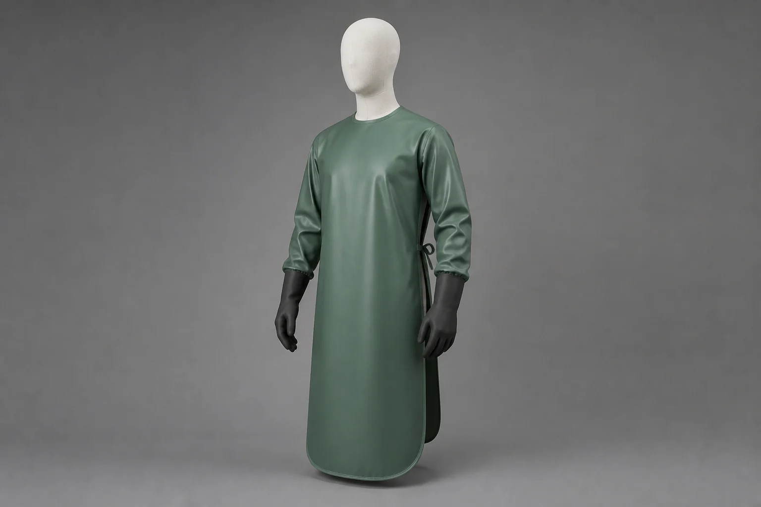 Complete sleeved smock and gloves show cuff coverage, overlap and hand-access geometry for work-task review.