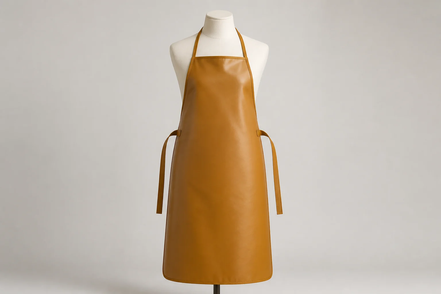Complete muted-amber coated-fabric bib apron on a mannequin without text overlay