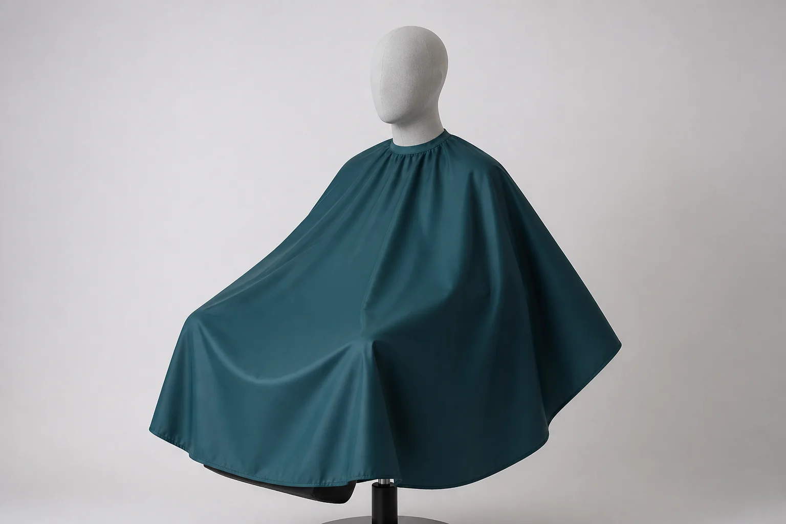 Complete dark-teal draped work cape showing the neck, shoulder, hem and side geometry.