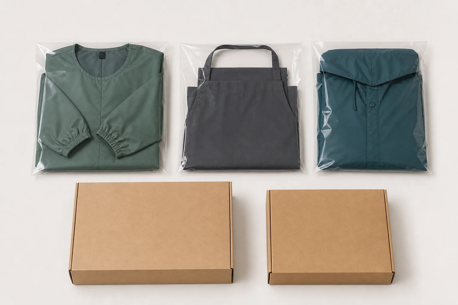 Three complete unbranded apron and smock forms shown with folded units and plain packing.