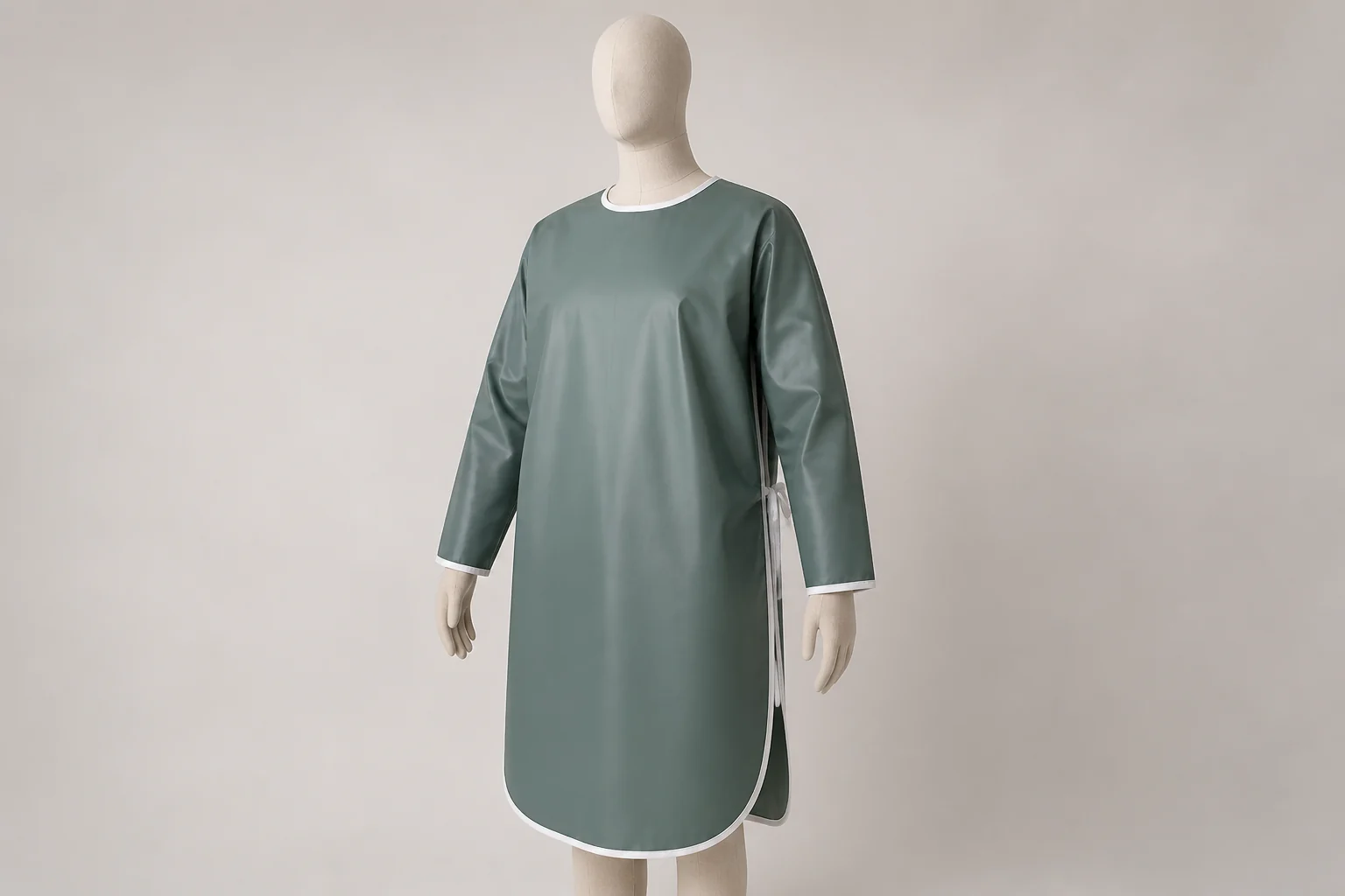 Complete slate-green long-sleeve coated-fabric work smock on a mannequin without text overlay