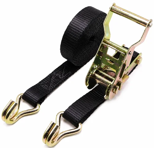 Black ratchet strap assembly shows wire hooks, sewn connections and the complete adjustable length.