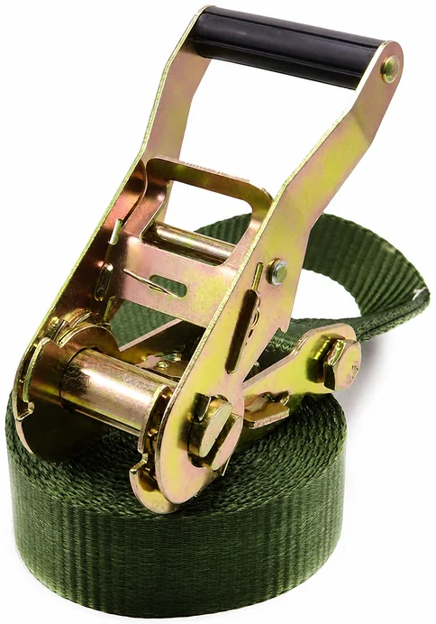 Green ratchet mechanism and rolled webbing show the tensioning interface and material path.