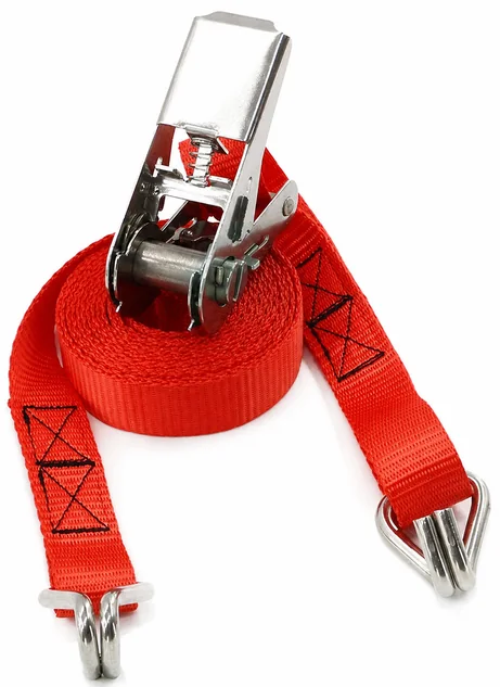 Red ratchet tie-down set shows paired hooks, stitched terminations and rolled webbing.