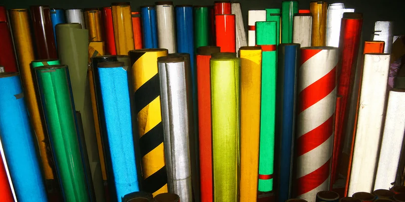 Complete assortment of reflective material rolls in multiple colors and striped surface families