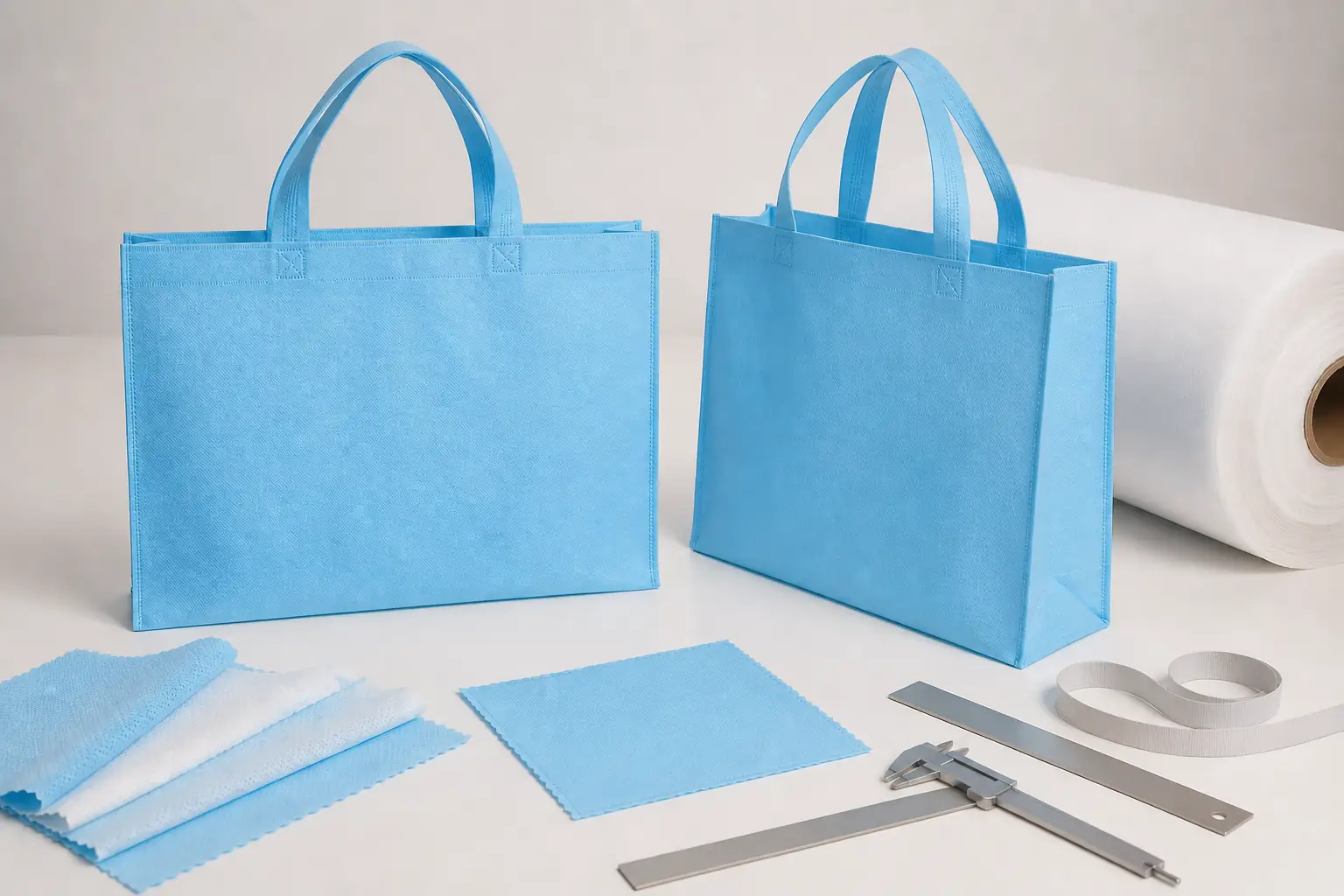 Complete blank nonwoven shopping bags with material roll, swatches and unmarked measurement tools for construction review