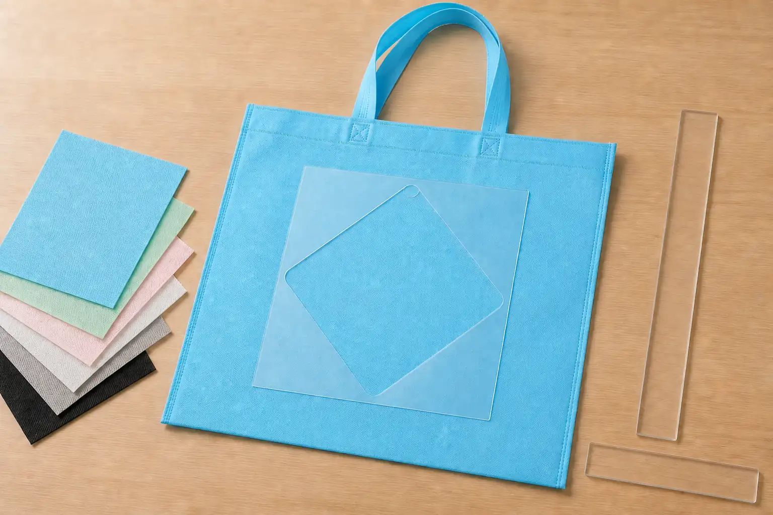 Complete blank blue nonwoven bag with plain color swatches and unmarked placement tools for print-position review