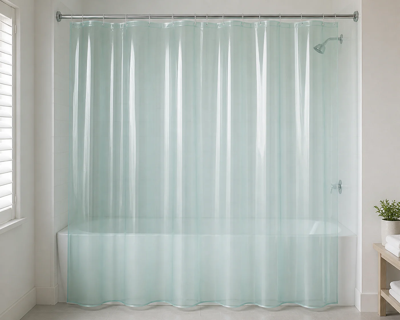 Complete translucent PVC shower curtain displayed alone for wholesale specification review