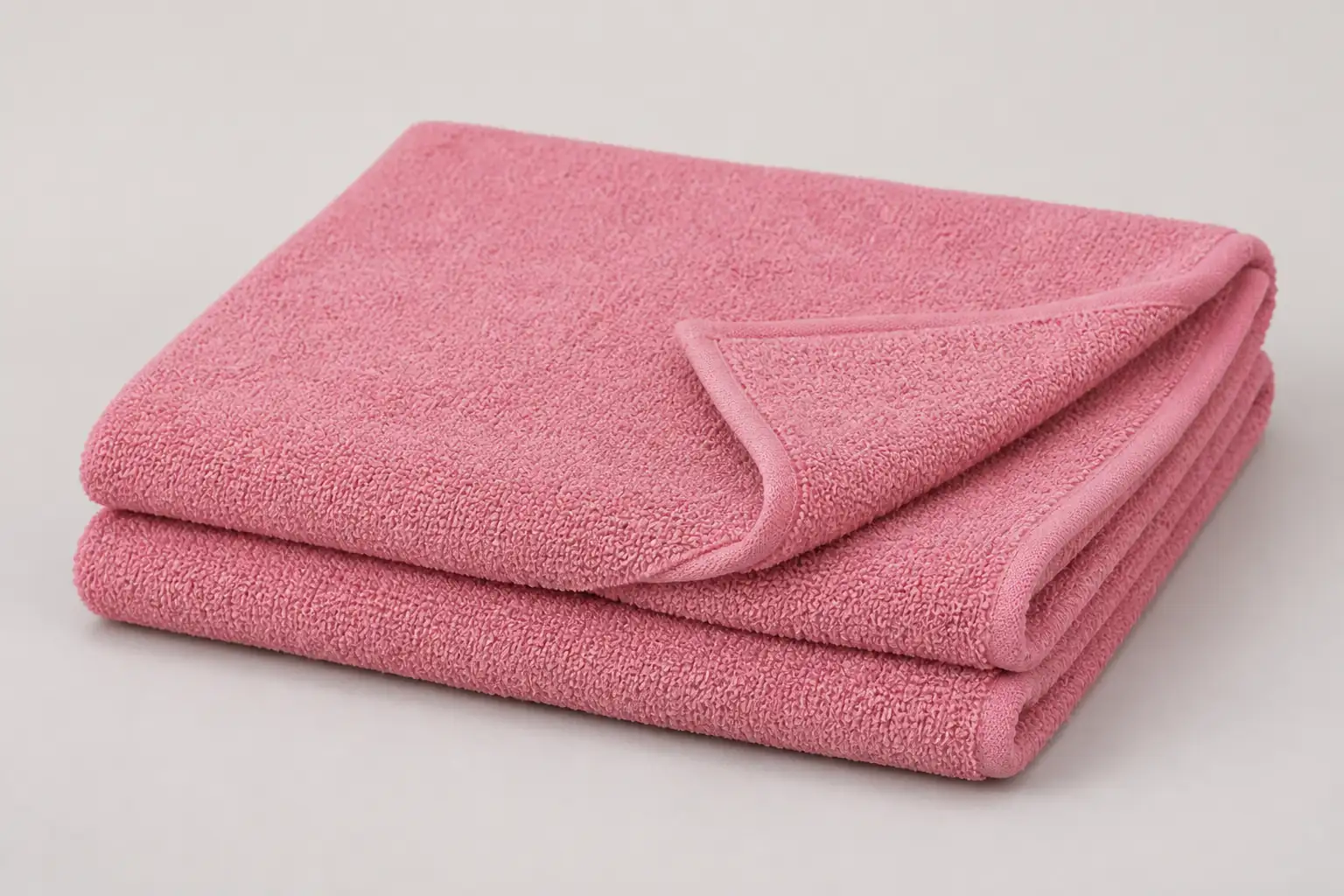 Complete unbranded pink loop towel folded to show pile, bound edges and thickness