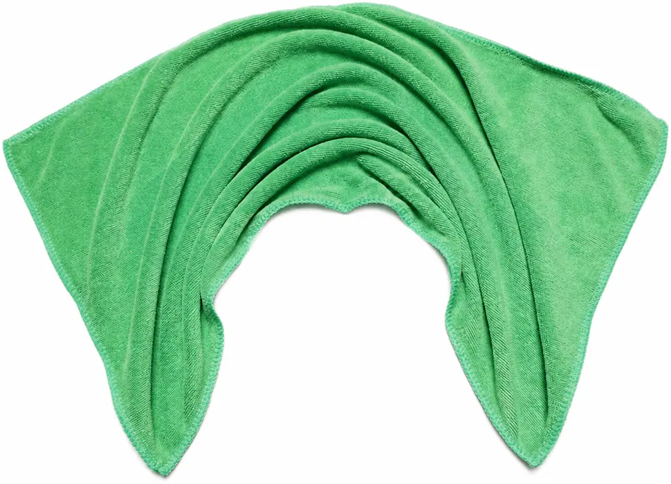 Complete green lightweight towel draped to show stitched edges and flexible handling