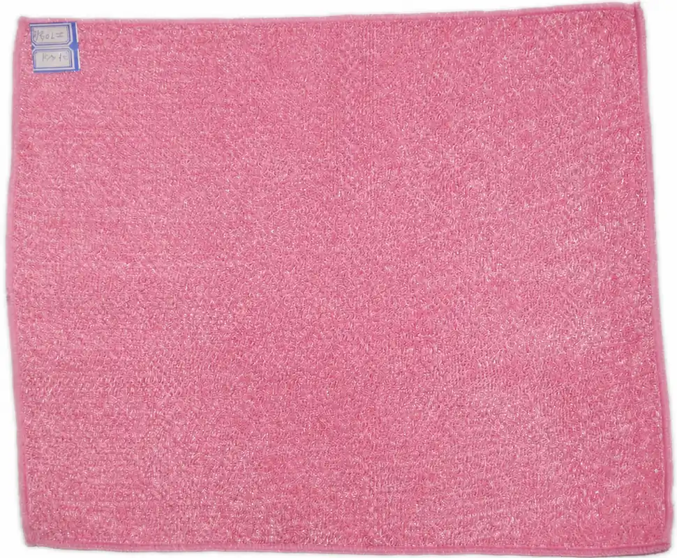 Complete pink loop towel with two retained sample tags and all four bound edges visible