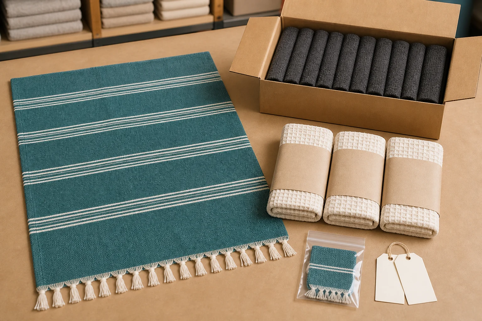 Complete towel family with swatches, retained pack and plain carton for supplier approval.
