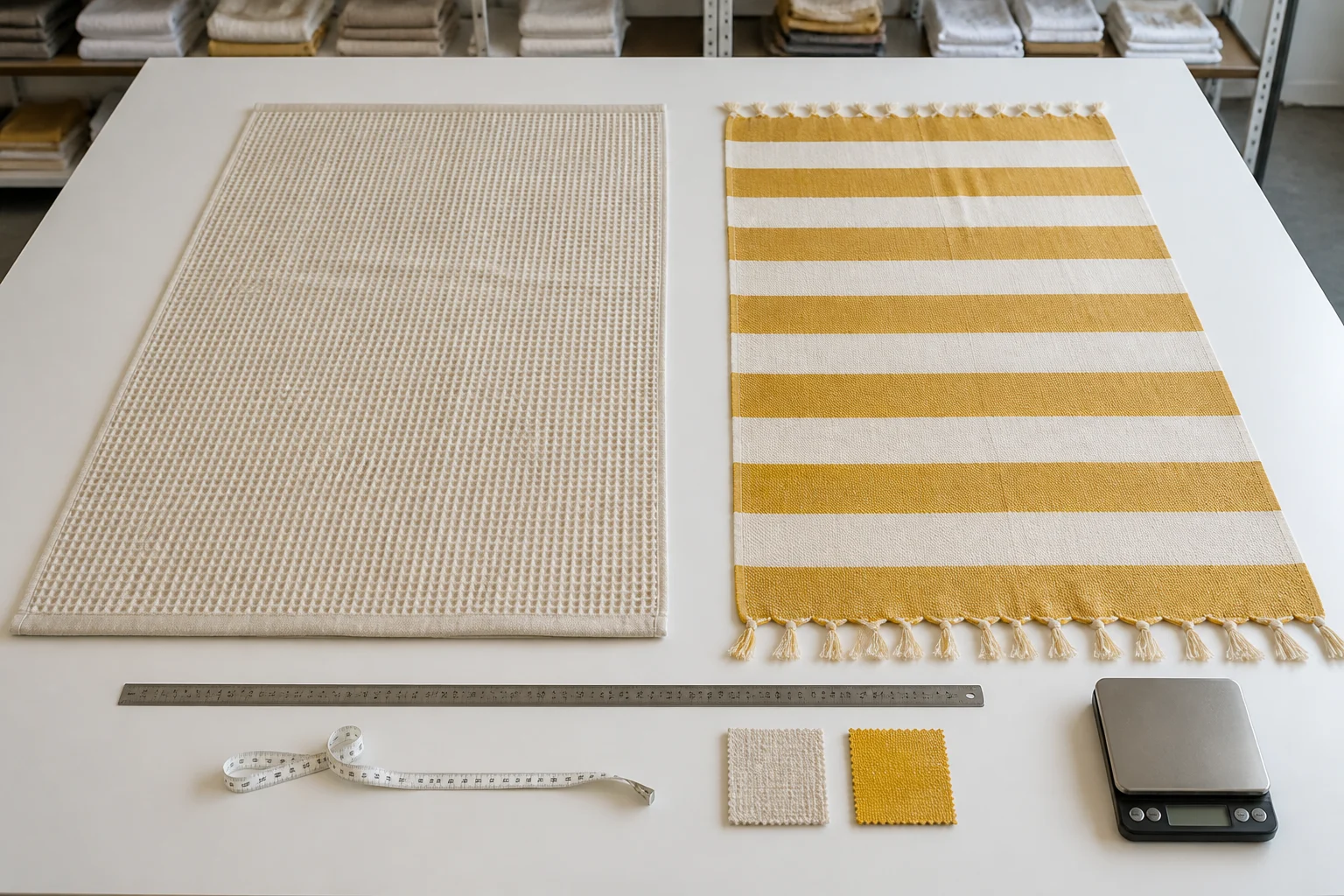 Two complete towels with a steel ruler, measuring tape, swatches and scale on a textile inspection bench